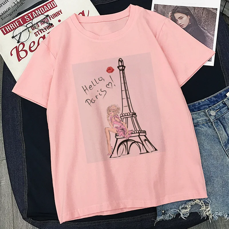 Женская футболка с принтом Hello Paris модная летняя розовая в стиле Харадзюку
