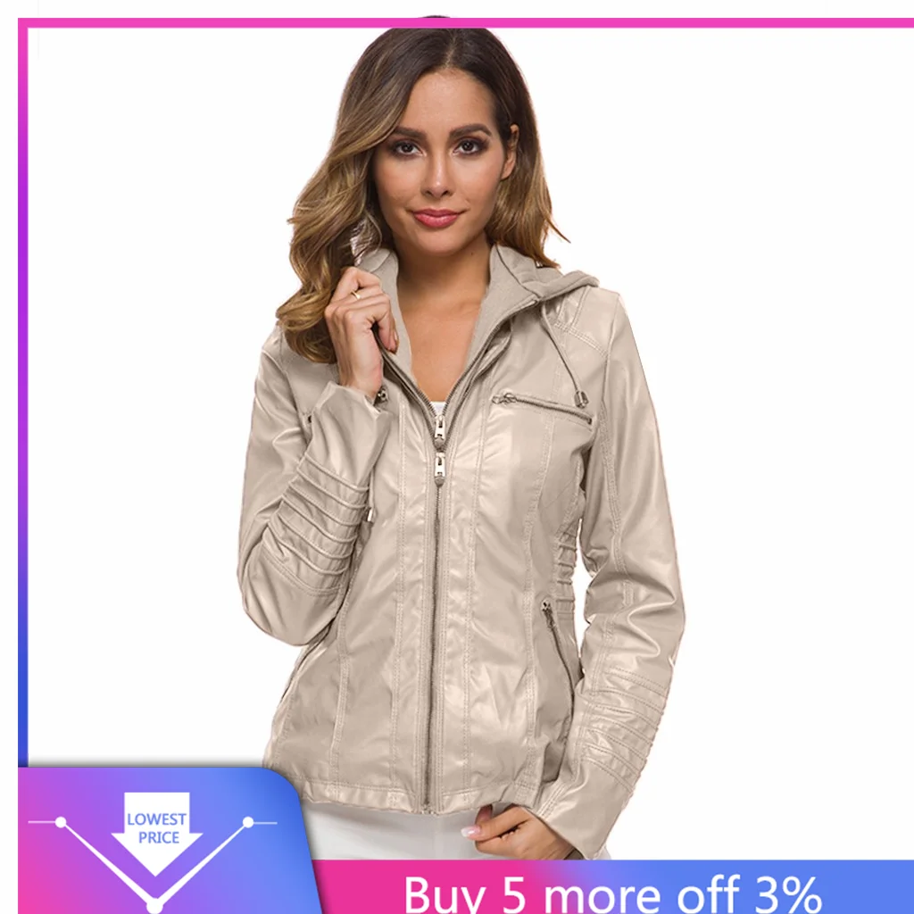 Женская кожаная куртка из ПУ кожи с капюшоном на молнии | одежда