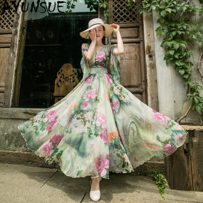 AYUNSUE длинное женское платье на лето и весну шифоновое в цветочек элегантные