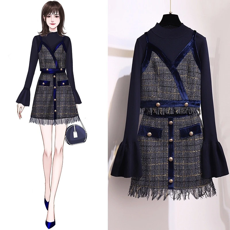 

2021 autumn Women Runway Designer Wool Blend Dress Suit Set High Quality Office Party Robe Femme Vintage Cocktail Vestidos TZ342