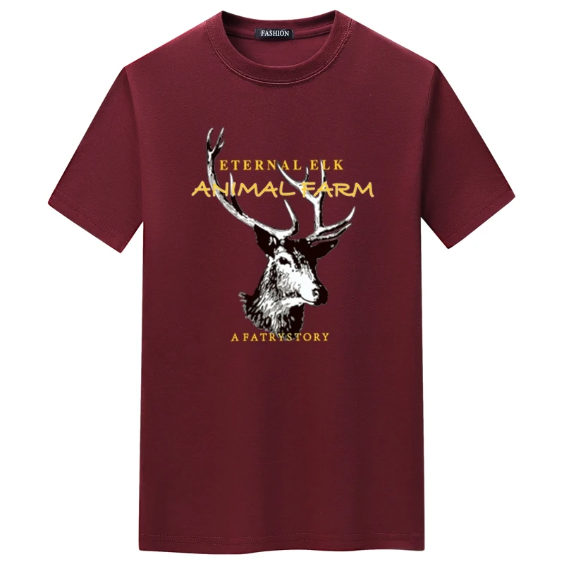 

2021 Summer New Trend Handsome Clothing Men's T-shirt Round Neck Solid Color Letters Deer Printing Comfortable Men's Clothing