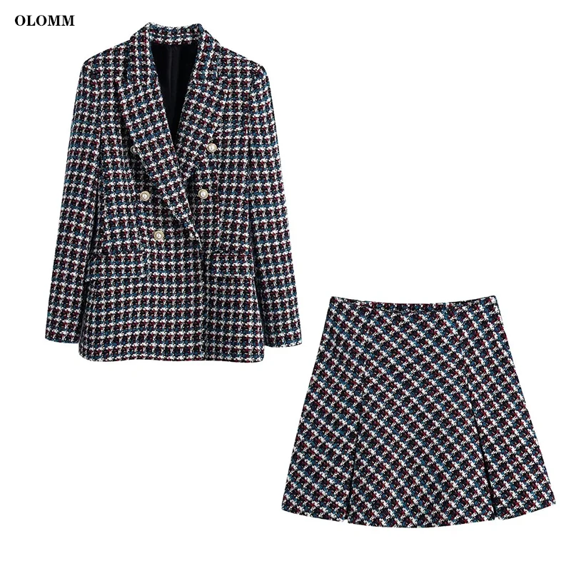 

Клетчатый двубортный женский костюм с длинным рукавом, юбка до бедра, костюм из двух предметов, модная женская одежда в стиле панк и готика н...