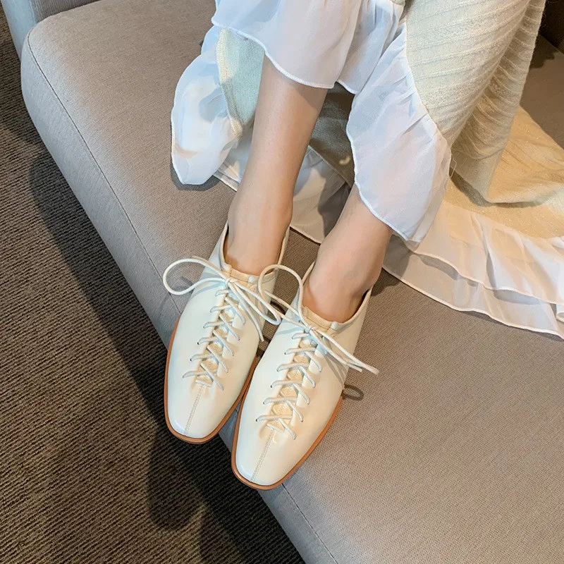 

MEMUNIA 2021 New Arrive Flat Shoes Women Soft Leather Single Shoes Square Toe Lace Up Comfortable Casual Party Shoes Woman