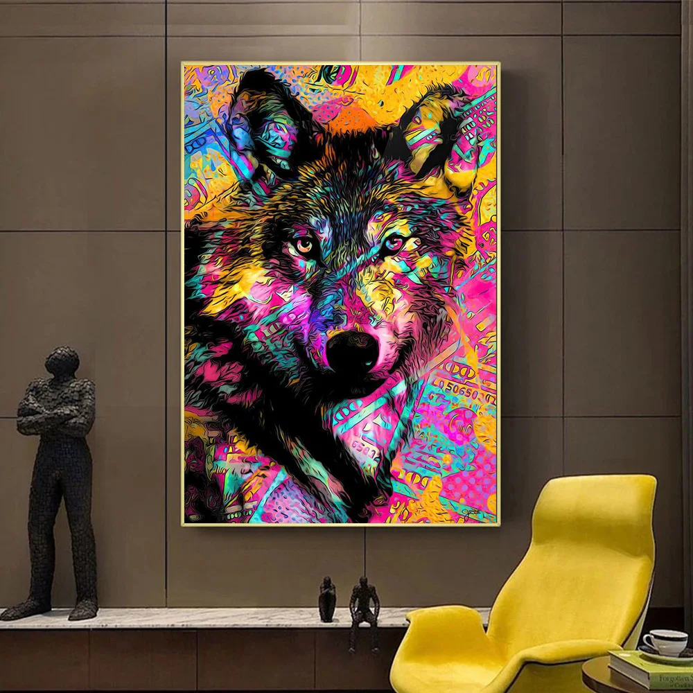 

Modern Graffiti Colorful Fox Lion Canvas Paintings Tiger Wearing Crown Wall Art Posters And Prints Picture for Living Room Decor