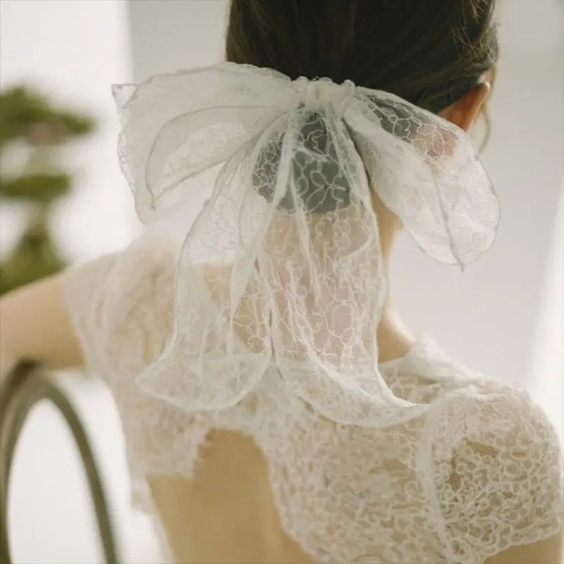 

Заколка для волос с жемчугом, Весенняя белая кружевная заколка с блестками и бантом, обручальные аксессуары для невесты