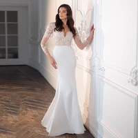 new elegant mermaid ivory wedding dresses lace long sleeves wedding gowns v neckline bridal dresses appliqued sweep train 2021