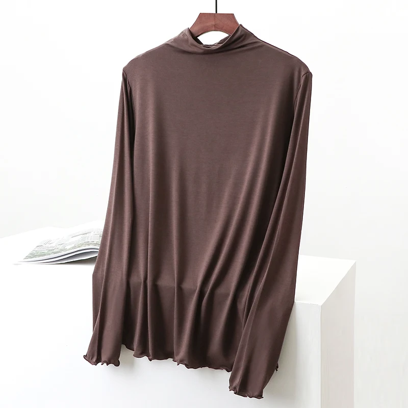 

Модель 2021 года, тонкая футболка из чистого хлопка на весну и осень, с высоким воротом по бокам и длинными рукавами, Женская облегающая эласти...