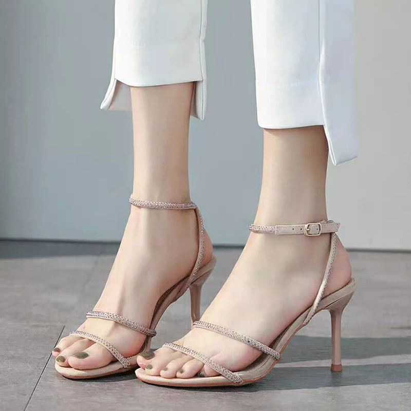 

Summer Sexy Open Toe High Heel Sandals Women Pumps Ankle Strap Shoes Woman Rhinestone Sandals Party Shoes Ladies Shoes 2020 New