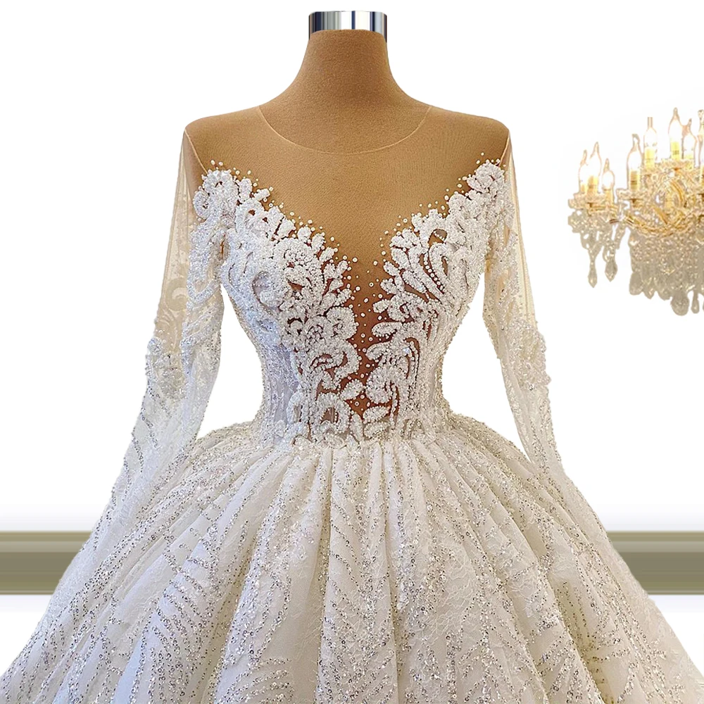 

Luxurious Court Train 2021 High End O Neck Illusion Full Sleeves Wedding Gown Pearls Beaded vestido de novia