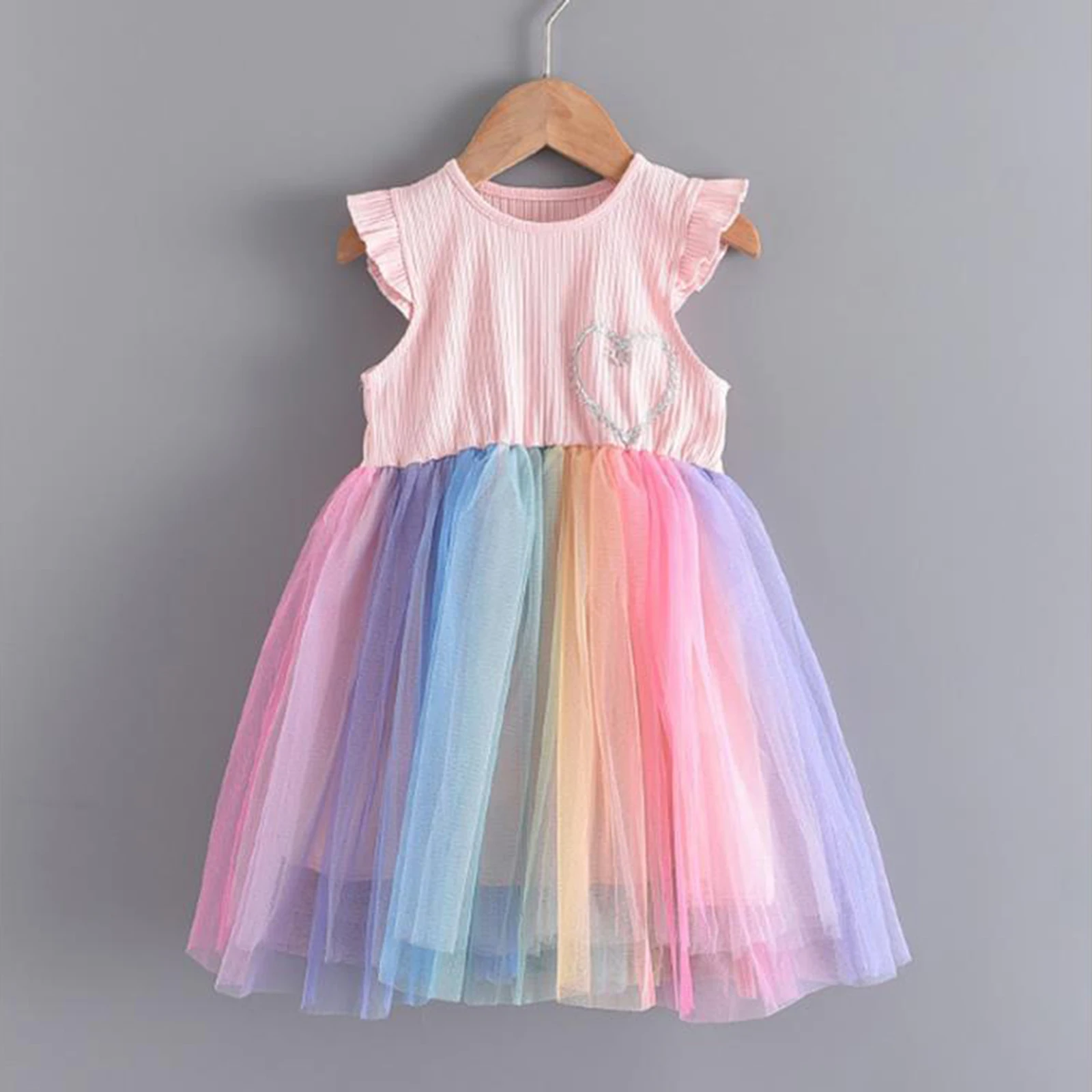 

Summer Infant Kids Baby Girls Mesh Dress Rainbow Color Fly Sleeve Patchwork Princess Clothes