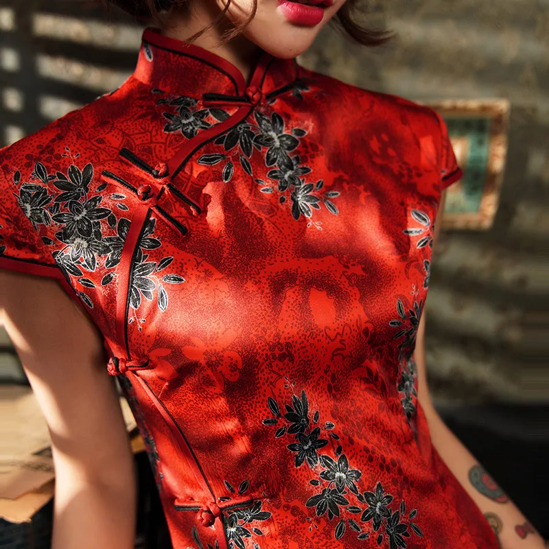 Бордовое классическое женское платье Cheongsam с коротким рукавом Элегантное