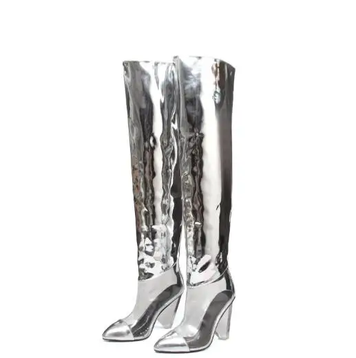 Ботинки женские прозрачные выше колена из ПВХ на высоком каблуке|Ботфорты| |