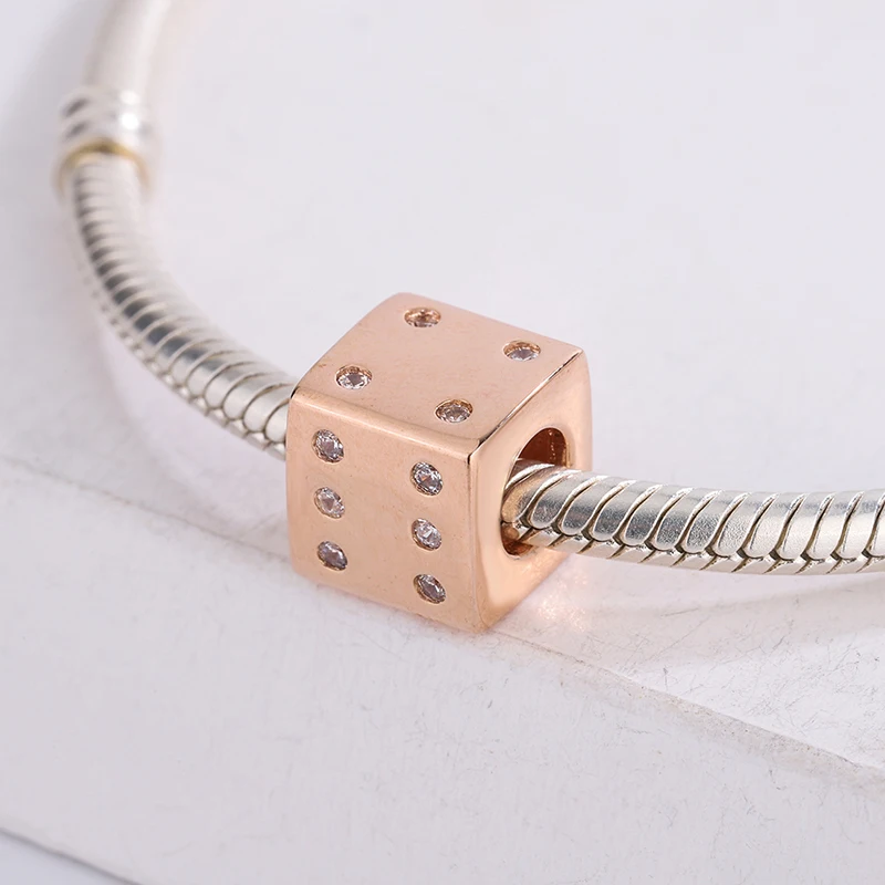 

925 стерлингового серебра Роуз Золотой кубик точек касания с инкрустацией камнями прозрачным Цирконом браслет с подвеской, сделай сам, ювели...