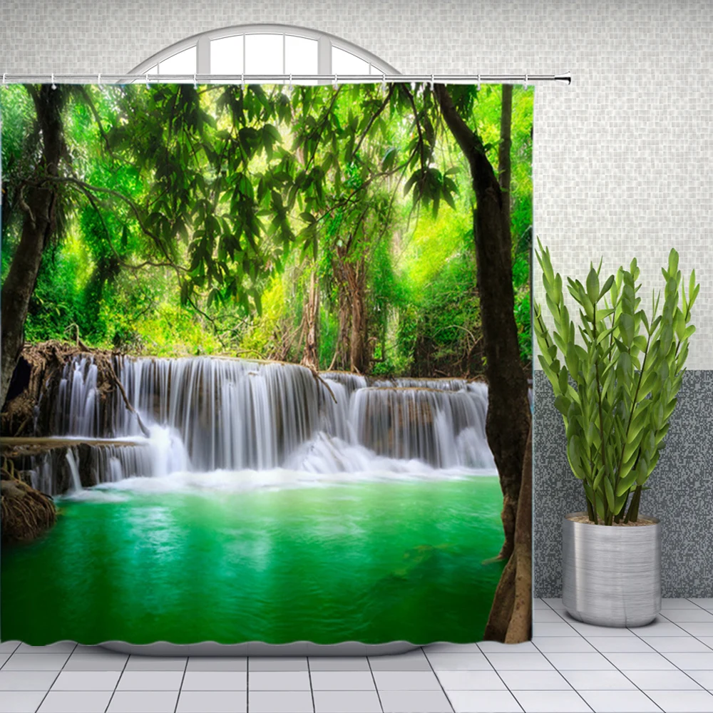 natural scenery shower curtains waterfall green meadow flower spring landscape bathroom decor waterproof cloth curtain set cheap free global shipping