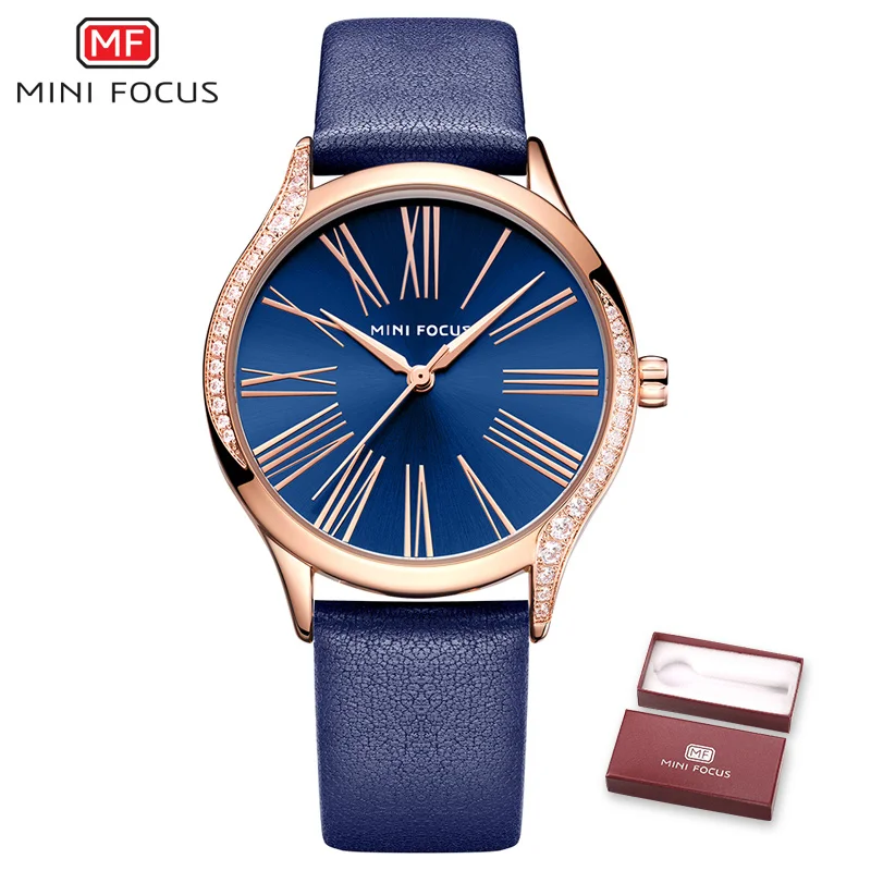 BOX BLUE MINIFOCUS, классические, элегантные, синие, кожаные, женские часы, Iced Out, кварцевые, женские часы, водонепроницаемые, простой дизайн, модные, женские часы - Цвет: BOX BLUE