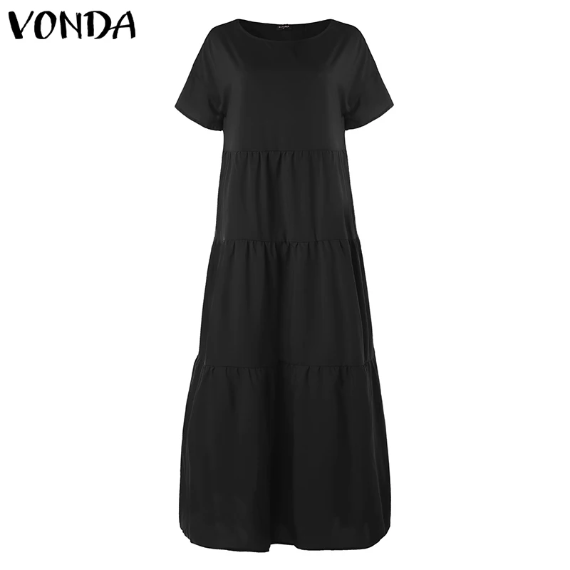 VONDA, женское летнее платье, винтажное, короткий рукав, черное, длинное, макси платье, линия-а, плиссированное, Vestido, пляжные, вечерние размера плюс, сарафан