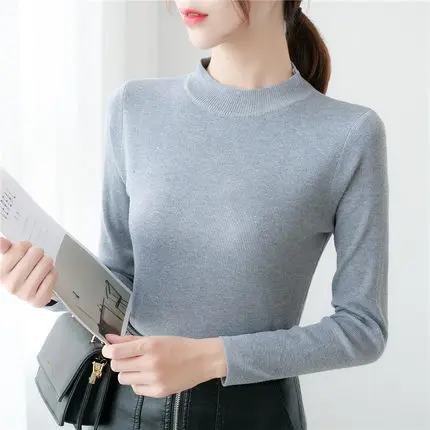gray C Ohclothing2019европейский зимний женский свитер с полувысоким воротником, тонкая белая рубашка, свитер с рукавами, тонкий женский свитер с коротким рукавом - Цвет: gray C