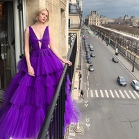 chic design purple tiered ruffle tulle dress women 2020 deep v neck long tulle dresses celebrity evening prom grown custom made