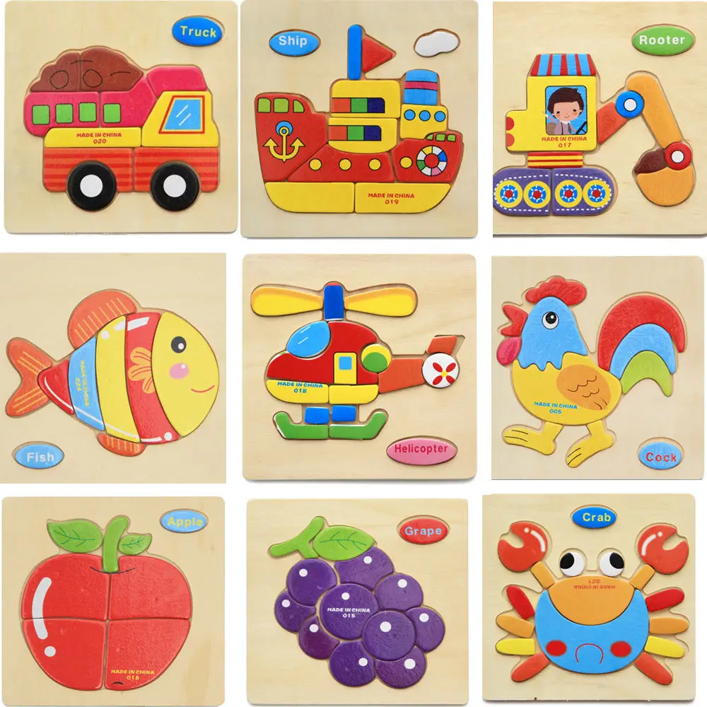 Деревянные 3D пазлы-головоломки 27 видов для детей, обучающие игрушки с мультяшными животными и фруктами, развивающие интеллект.