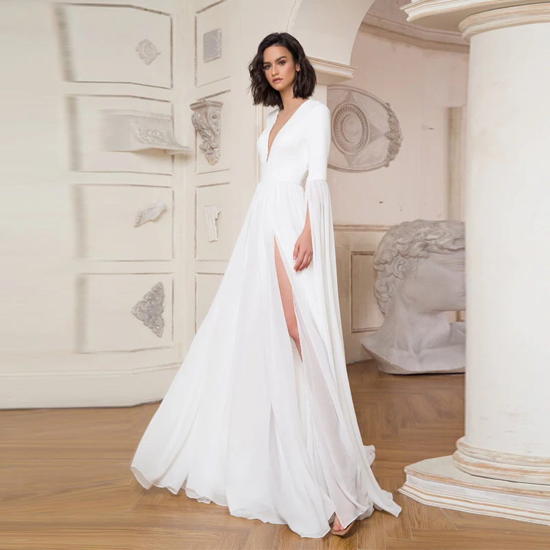 

Thinyfull Свадебные платья с длинными рукавами Boho 2021 с разрезом по бокам v-образным вырезом ТРАПЕЦИЕВИДНОЕ атласное шифоновое пляжное платье пр...