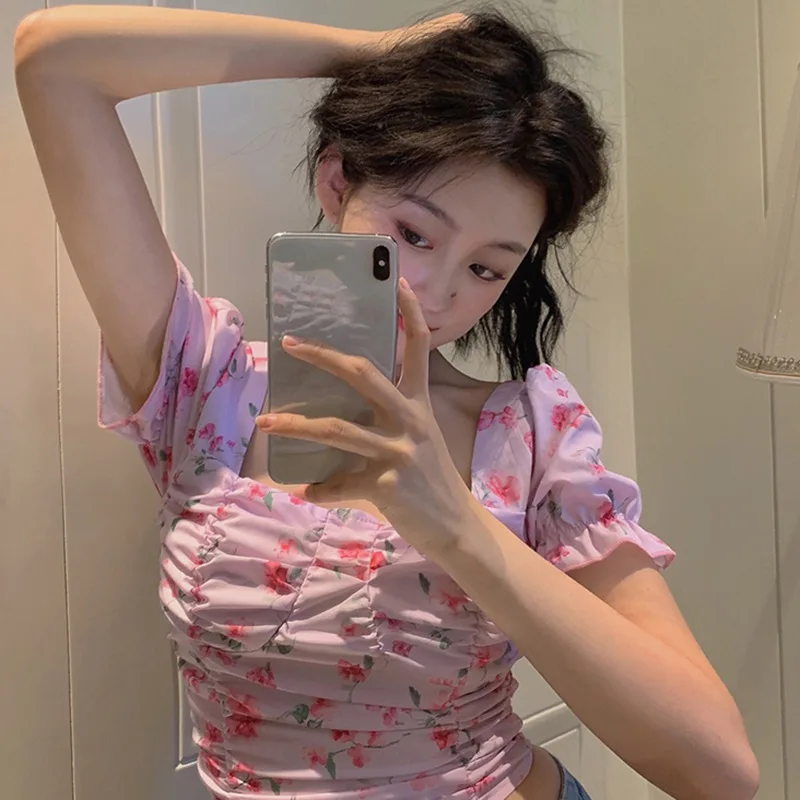 

Western Fashion Casual Wrinkled Pink Printed Puff Sleeve Short Sleeve T-shirt Top Women