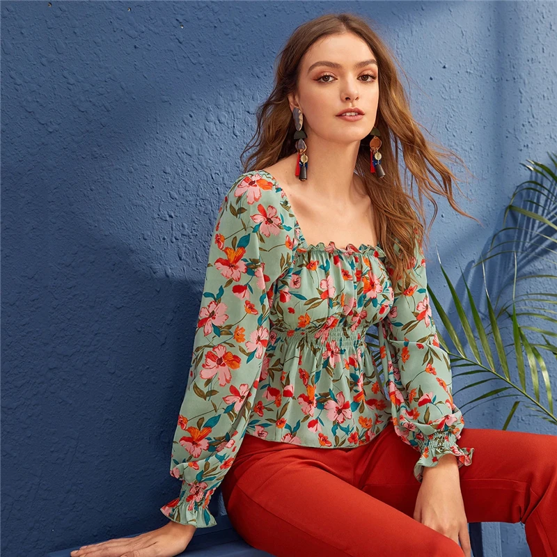 Dotfashion Бохо с квадратным вырезом Цветочный принт блузка Для женщин Осенняя эластическая Фонари рукава блузки Повседневное с низким вырезом на спине, Топ