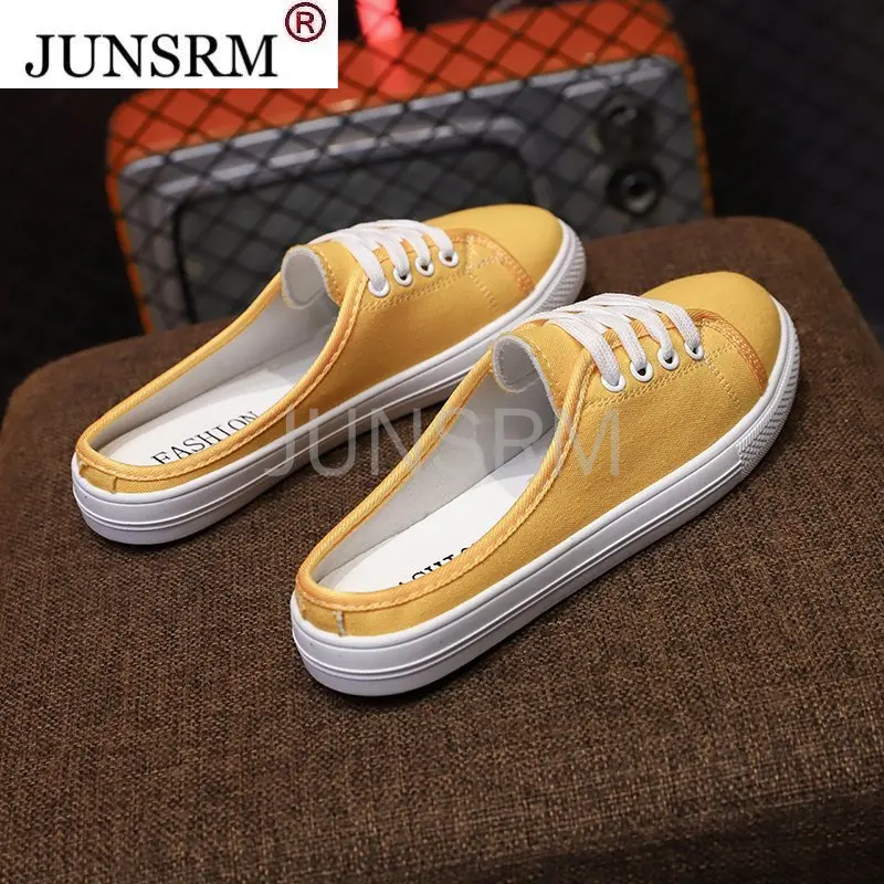 

Жен. Полутапочки со шнуровкой. Без каблука, холщовая повседневная обувь для девочек, Новая модная женская обувь, Тапочки