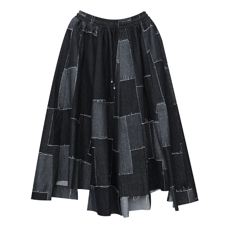 

Elastic Waist High Black Irregular Spliced Burrs Denim Half-body Skirt Women Fashion Tide New Autumn Winter 2021 1DD0888