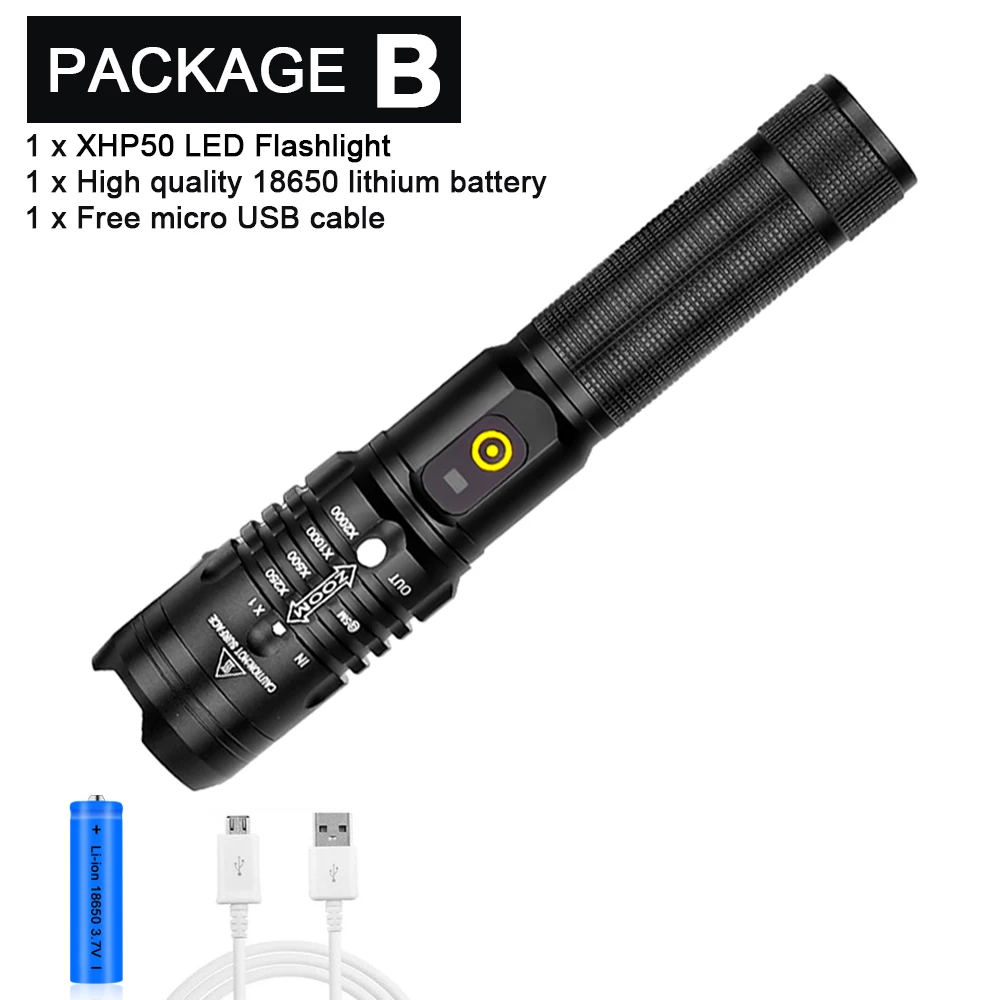 Package B Супер яркий светодиодный фонарь XHP50 с 3 режимами освещения, масштабируемый фонарь, подходит для использования на открытом воздухе, аккумулятор 18650 - Испускаемый цвет: Package B