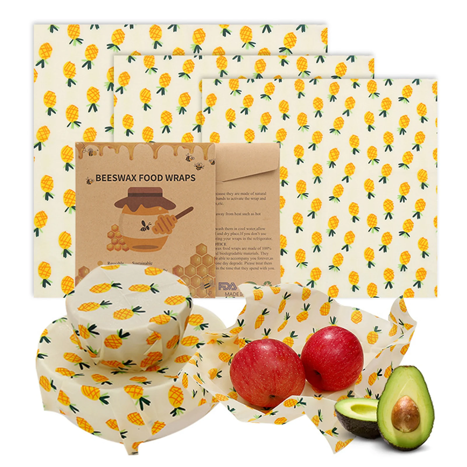 

Reusable Bee Beeswax Wrap Bees Wax Food Wraps 3pcs Beeswax Wrap Cloth Fresh Keeping Sets Food Sealed Fresh-keeping Cover