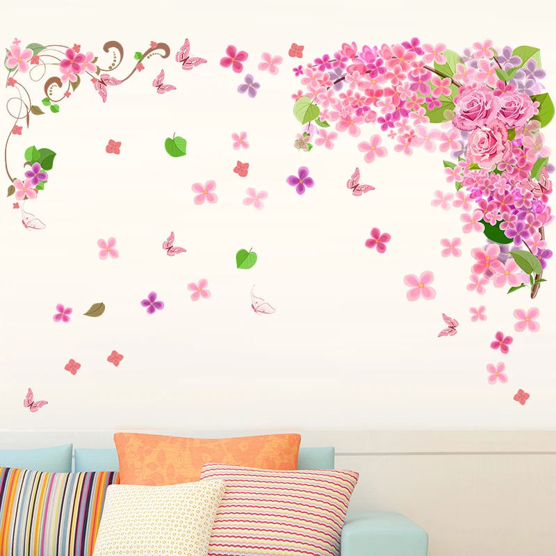 

Colorful Pink Flowers Vine Butterflies Wall Decal For Girls Room Decorative Sticker Diy Plant Mural Art Posters Peel And Stick