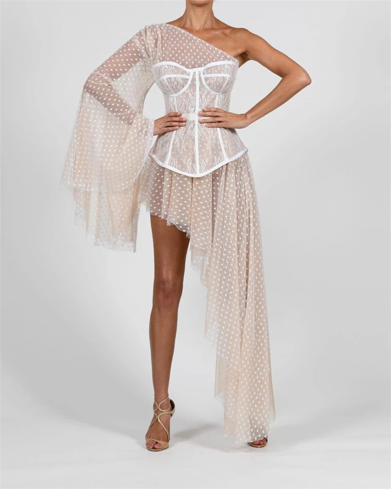 

Newlife Apricot Lace Cloak Sleeves Diagonal collar 2 Piece Asymmetrical Ankle-Length Bodycon Women Dresses Evening Party Dress