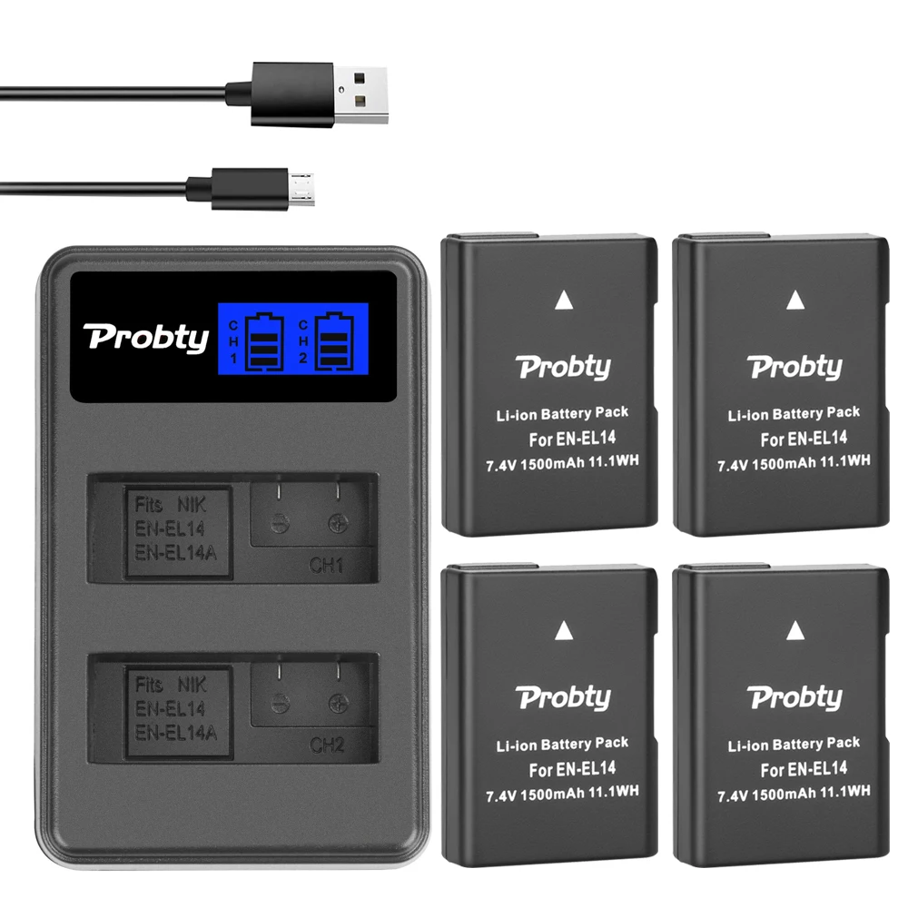 Probty 7.4V 1500mAh EN-EL14 EN EL14 EN-EL14a Battery + LCD Dual Charger for Nikon  P7800,P7100,D3400,D5500,D5300,D5200,D3200