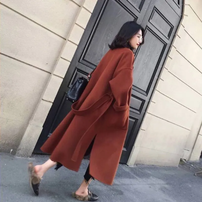 

Streetwear Double-Faced Woolen Long Coat Women Elegant Black Long Sleeve Loose Overcoat Autumn Winter Sashes Cotton Outwear