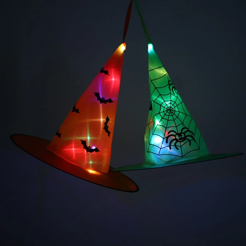 

New 4Pcs Halloween LED Lighted Witch Hat Spider Web Print Hanging Glowing Pendant