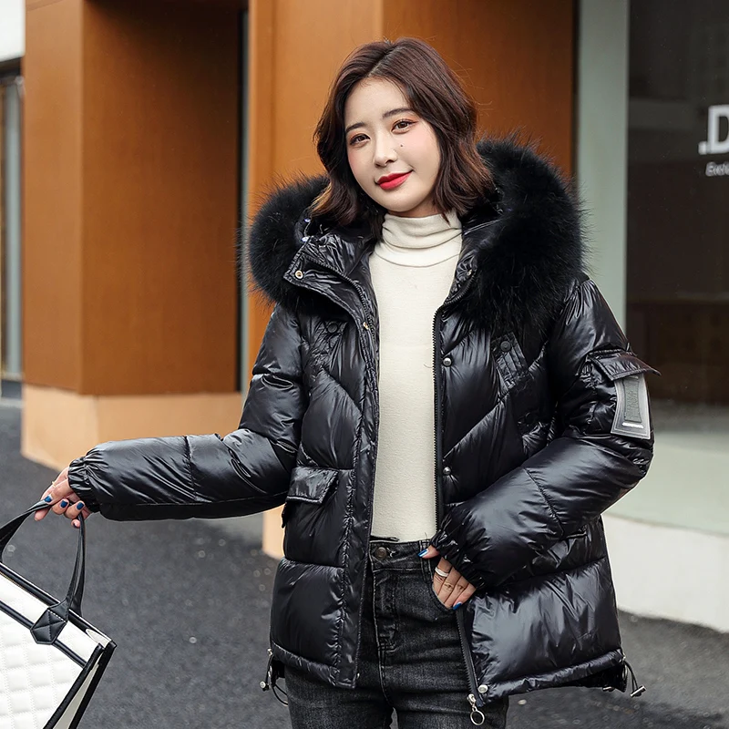 KoHuiJoo Winter Parkas Women 2021 Loose Cotton Padded Thick Faux Fur Collar Hooded Warm Puffer Parka Coat Pink Blue Khaki