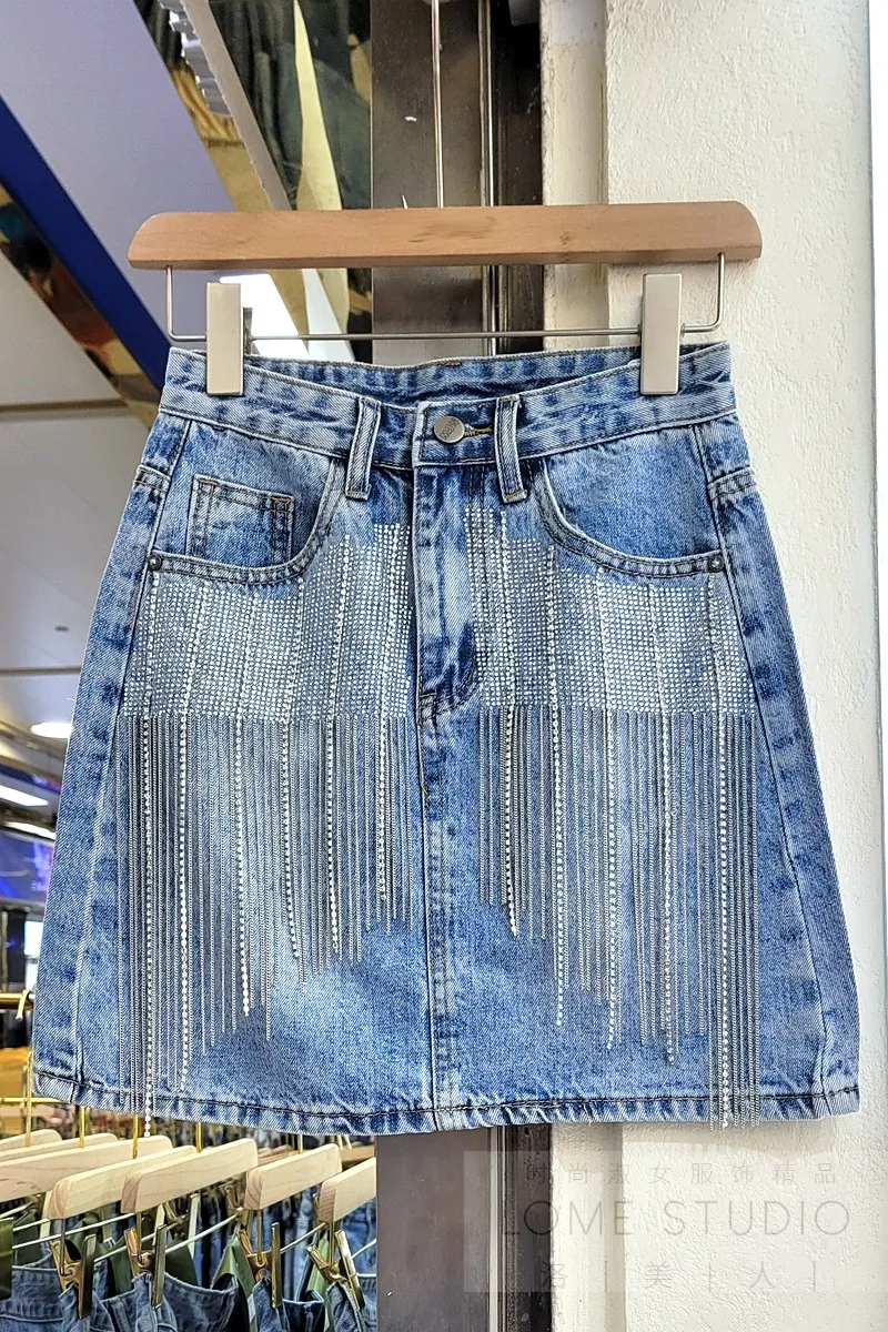 

Women Natural Waist Short Skirt 2021 Summer New Women's Light Diamond Tassel Jeans Skirt Female Korean Style Denim Mini Skirt