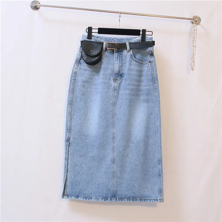 Длинная джинсовая юбка женская винтажная Высокая Васит с поясом размера плюс