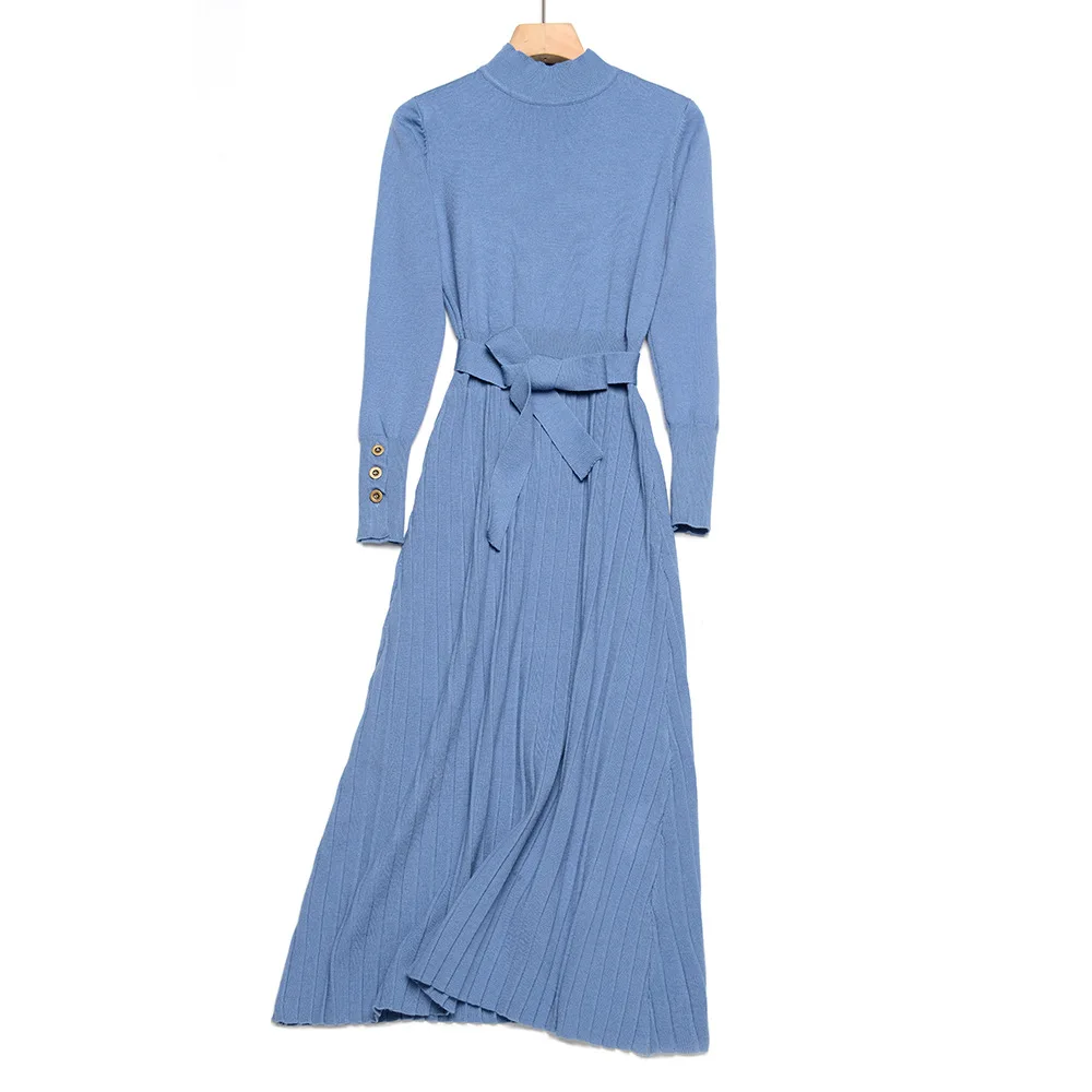 

2019 elegant Long sleeve O-neck long Sweater dress women Thick Autumn Winter dress female Slim OL A-line pearl dress with belt