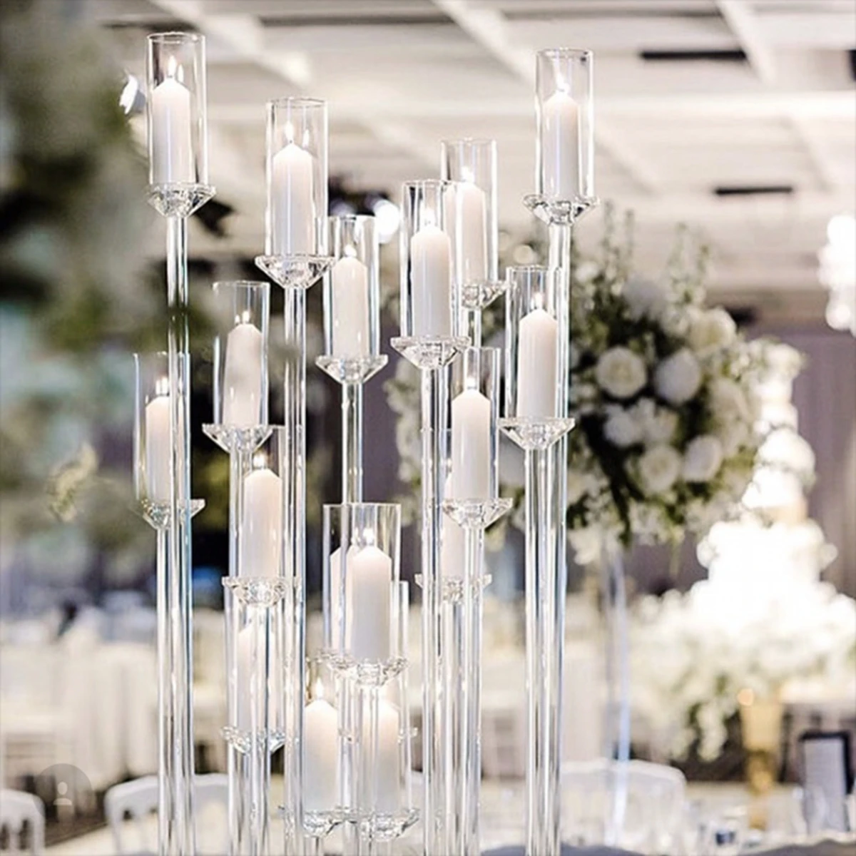

10pcs)New style Crystal tube candle holder tall cheap wedding 8 arms candelabra acrylic table top decoration AB0467