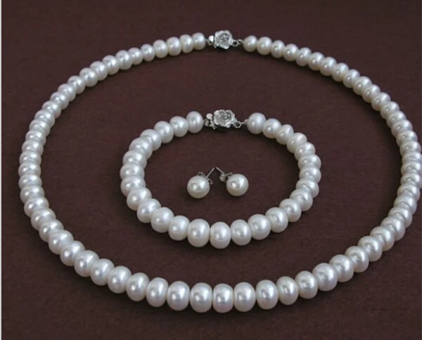 

Natural white 7-8mm pearl necklaces bracelet earring set 18inch AAA