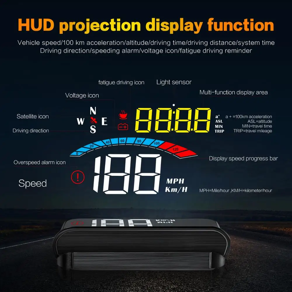 

Дисплей на лобовом стекле M16 с GPS, HUD-датчиками, GPS-спидометр, проектор на лобовом стекле с капюшоном, напоминание о усталости и вождении, автом...