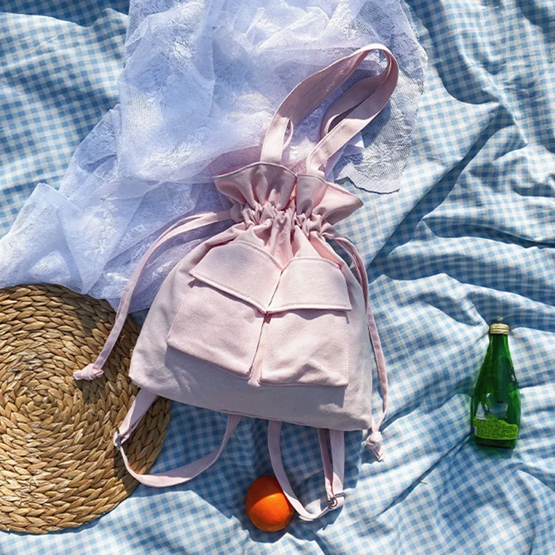 

Harajuku Wild Drawstring Drawstring Canvas Shoulder Bag Lazy Style Solid Color Large Capacity Shoulder Bag