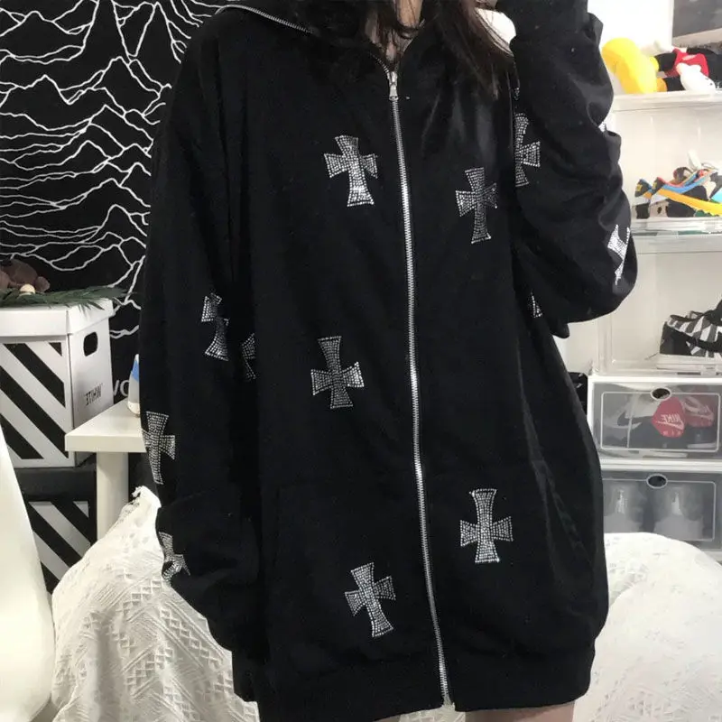 

Ins net red dark black street hip hop Spice Girls cross inlaid with diamond zipper cardigan sweater jacket women's fashion