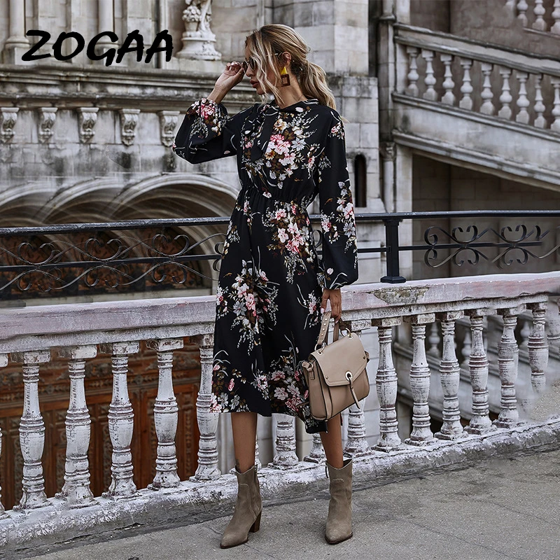 

ZOGAA Dress Women Autumn Winter Hot Floral Printed Puff Sleeve Stand-up Collar Lace-up Bow High Waist Casual Elegant Trendy Chic