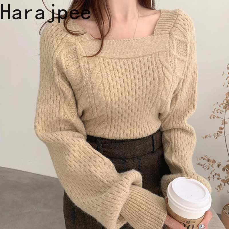 

Свитер в стиле ретро Harajpee, вязаный однотонный офисный свитер с квадратным воротником и пышными рукавами, женская одежда, корейская мода, нов...