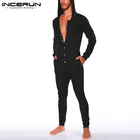 2021 мужские комбинезоны пижамы однотонная Домашняя одежда с длинным рукавом и пуговицами уютная с капюшоном Комбинезоны для досуга Мужская одежда для сна INCERUN