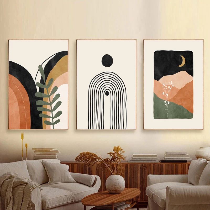 

Abstract Midcentury Geometry Art Posters and Prints Arch Flower Canvas Painting Moon Boho Wall Pictures for Living Room Decor