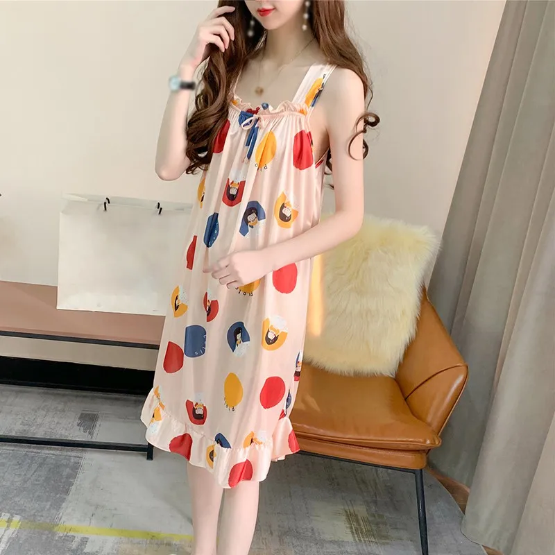 Ночная сорочка женская на бретельках пикантная Милая Домашняя одежда с милым