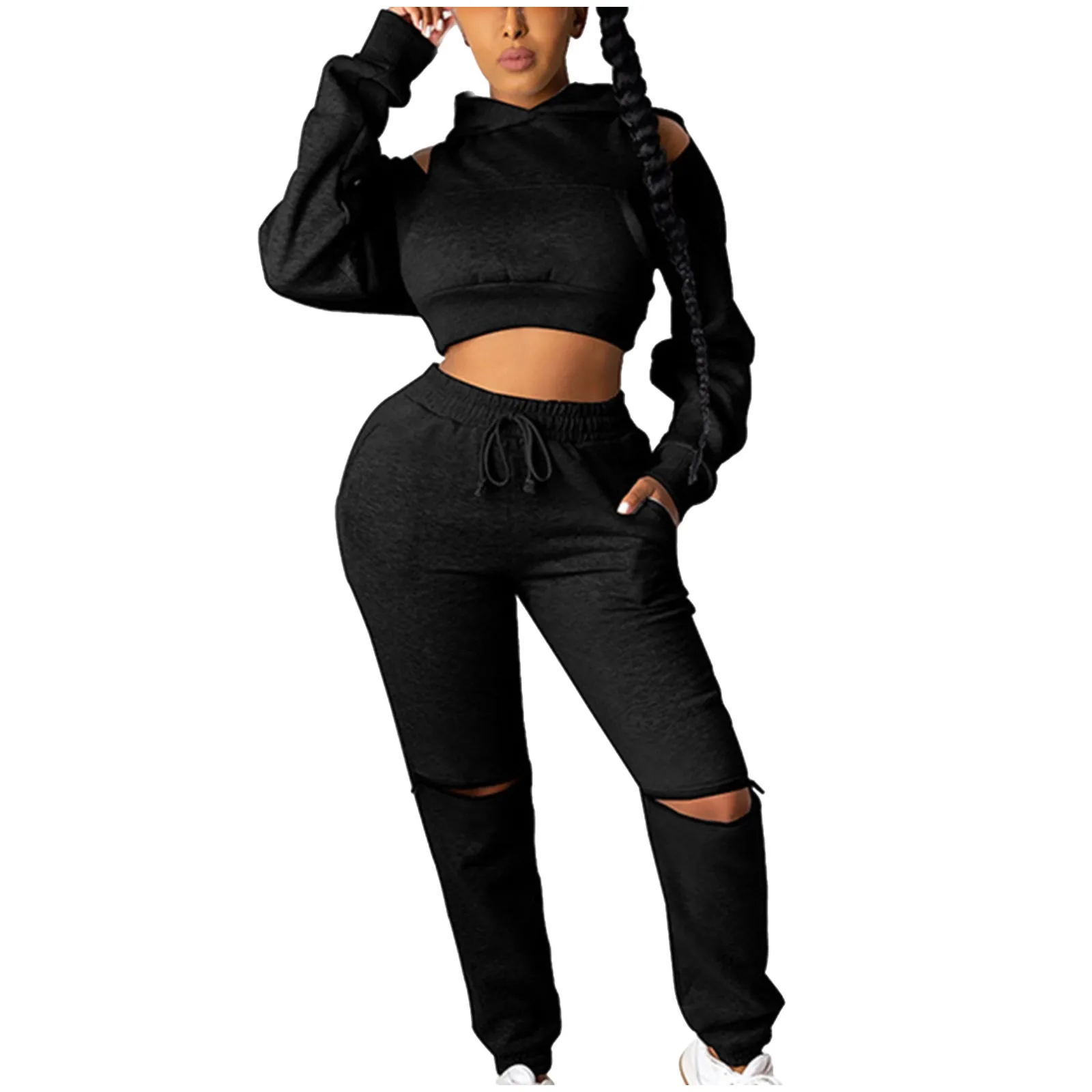 

Женский костюм из 2 предметов, пуловер с круглым вырезом и длинным рукавом, укороченный топ, эластичные брюки на завязках, модная повседневн...